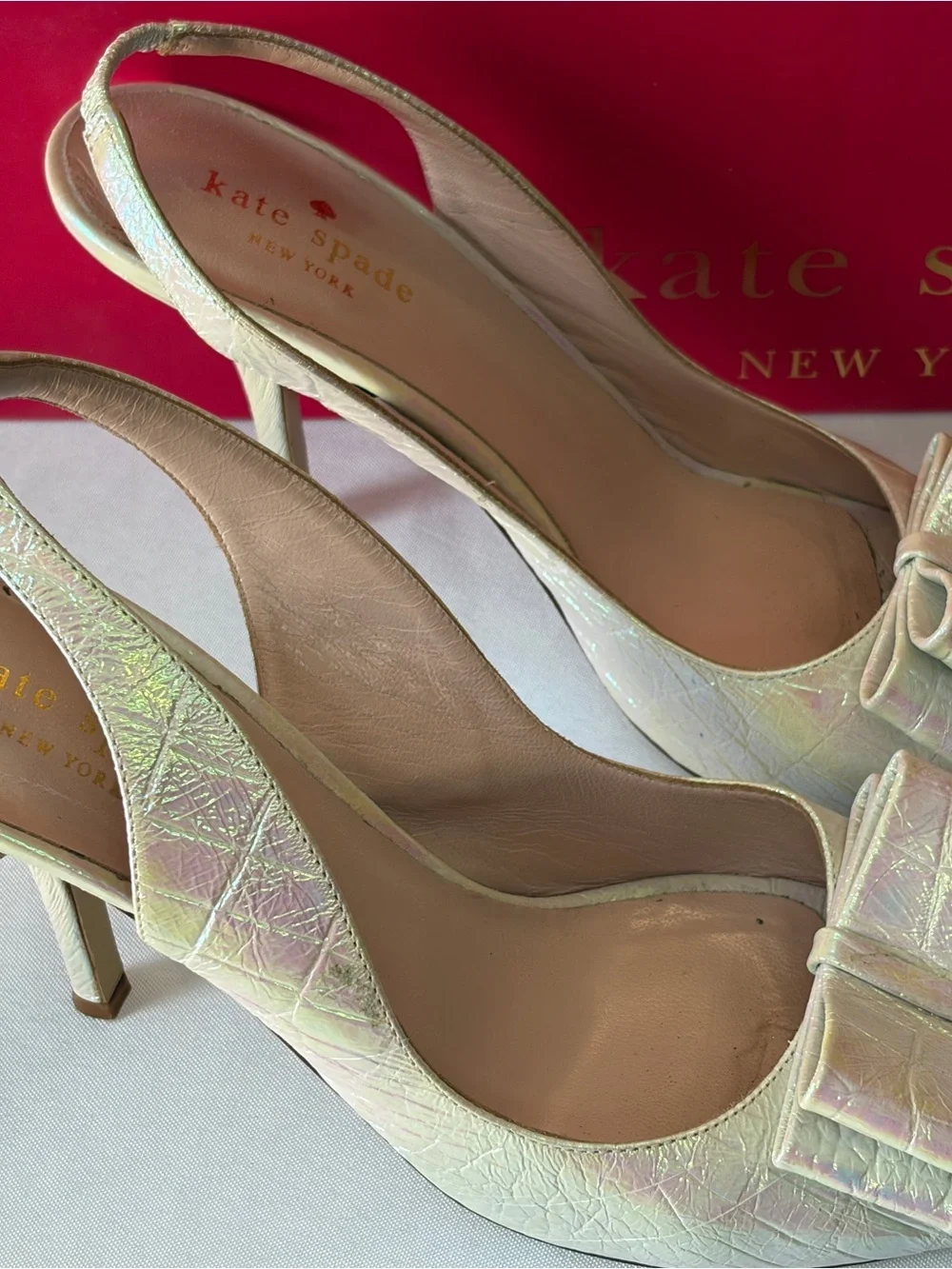 kate spade Iridescent Bow Peep-Toe Slingback Heels - Pearl